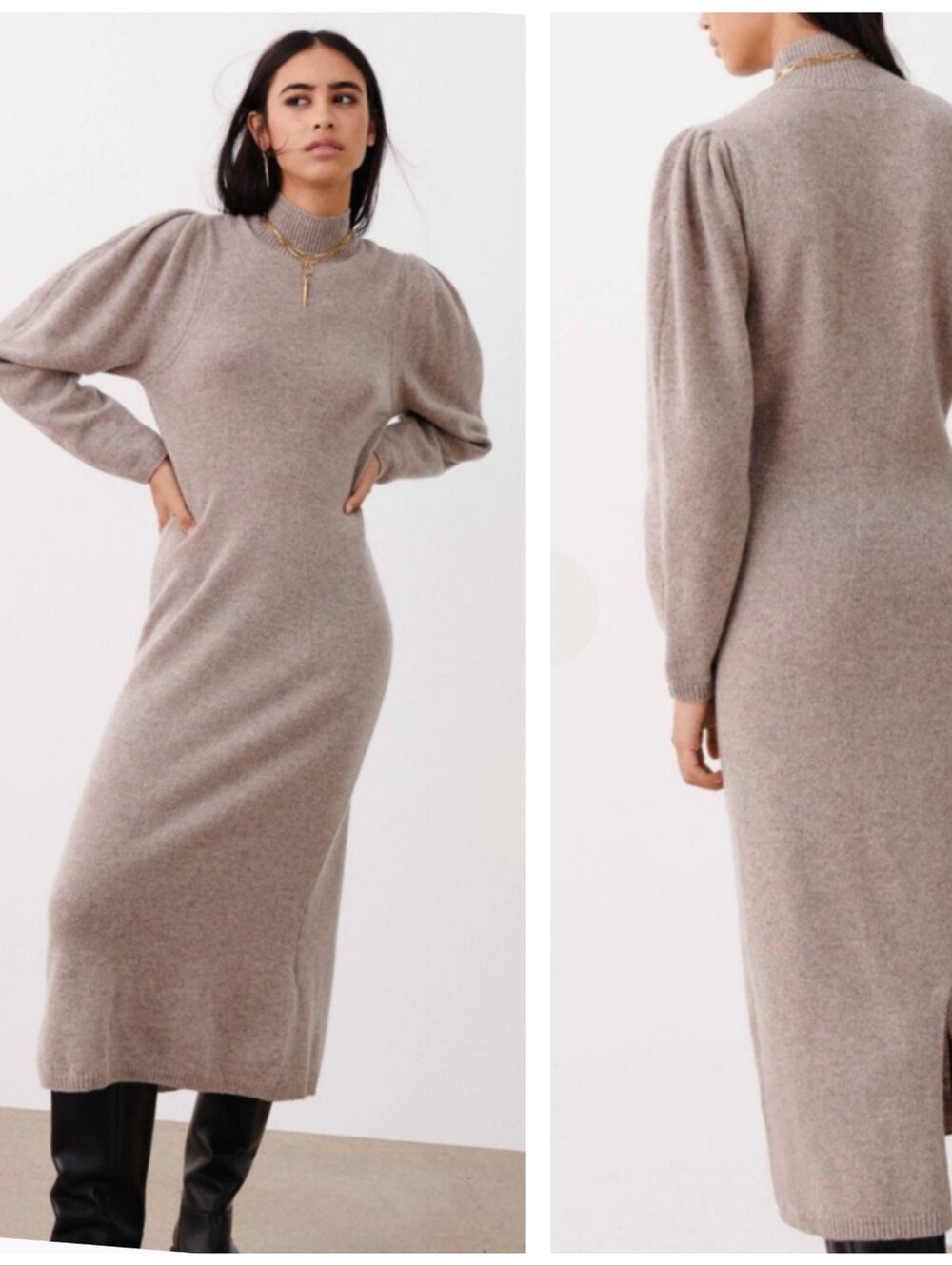 Ba&sh Felicity Dress Long Wool Dress Size M Beige Oatmeal
